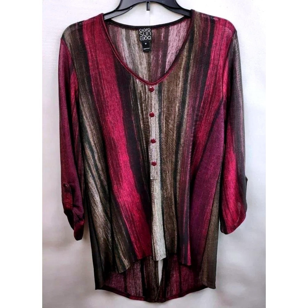 Clara Sun Woo Wearable Art Tunic Top Womens M Purple Abstract Striped Tab Sleeve